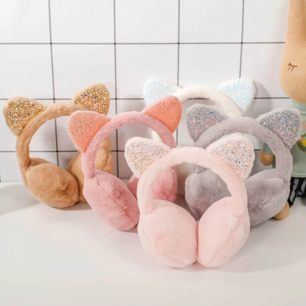 

Child Cute Cat Ears Winter Warm Earmuffs Shiny Sequin Ear Soft Plush Earflaps for Kid Outdoor Ear Warmer Outdoor Cold Protection