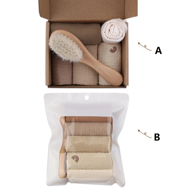 

5 Pcs Baby Cotton Square Towel with Newborn Hair Brush Infant Hand Face Washcloth Handkerchief Muslin Cloth Feeding Bib