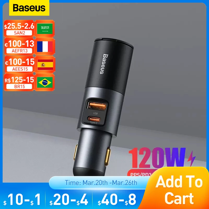 

Baseus Car Charger 120W Cigarette Lighter Expansion Port PD3.0 QC4.0 3.0 USB Charger Type C Quick Charger for Samsung Xiaomi