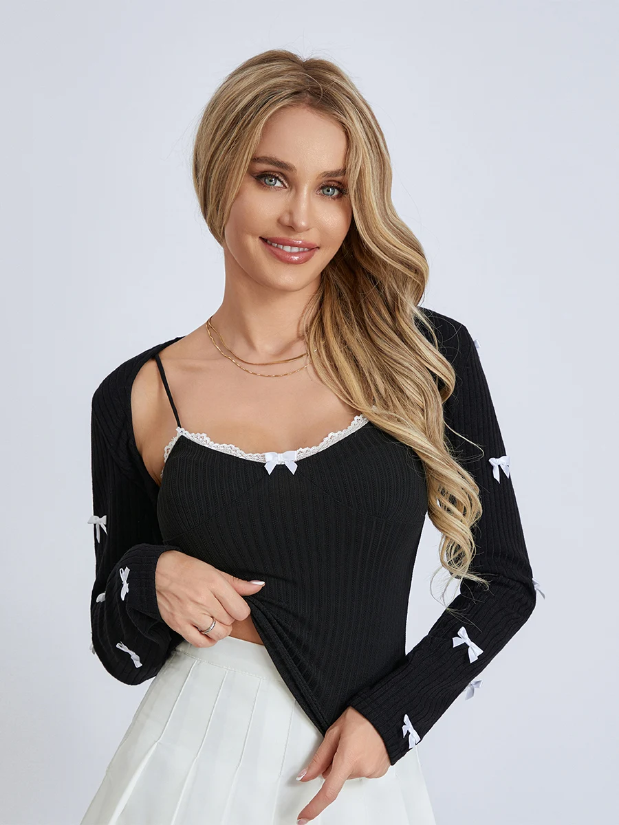 

Women Bolero Shrug Cardigan Sweater Set Y2k Crochet Knit Arm Sleeves Long Sleeve Crop Top and Cami Tank Top Vest