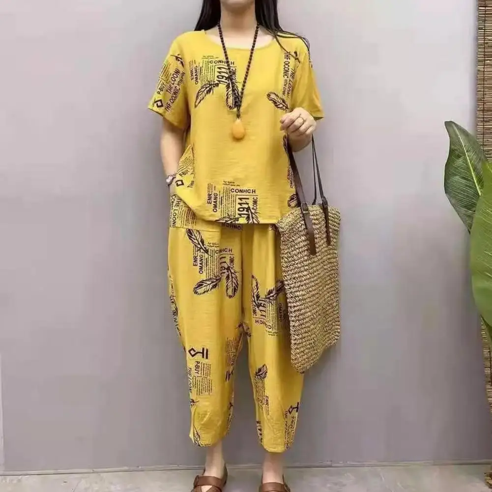 

2 Pcs/Set Terrific Mother Summer Set Short Sleeve Summer Deep Crotch Soft Women Top Pants Set