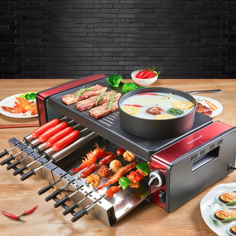 household electric grill three in one machine smokeless nonstick automatic rotation skewers hot pot bake 220v1800w free global shipping