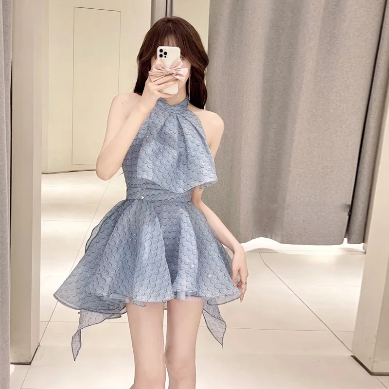 

Blue Organza Neck-mounted Dot Sexy Dresses for Women 2023 Summer Backless Sleeveless Club Mini Ball Gown