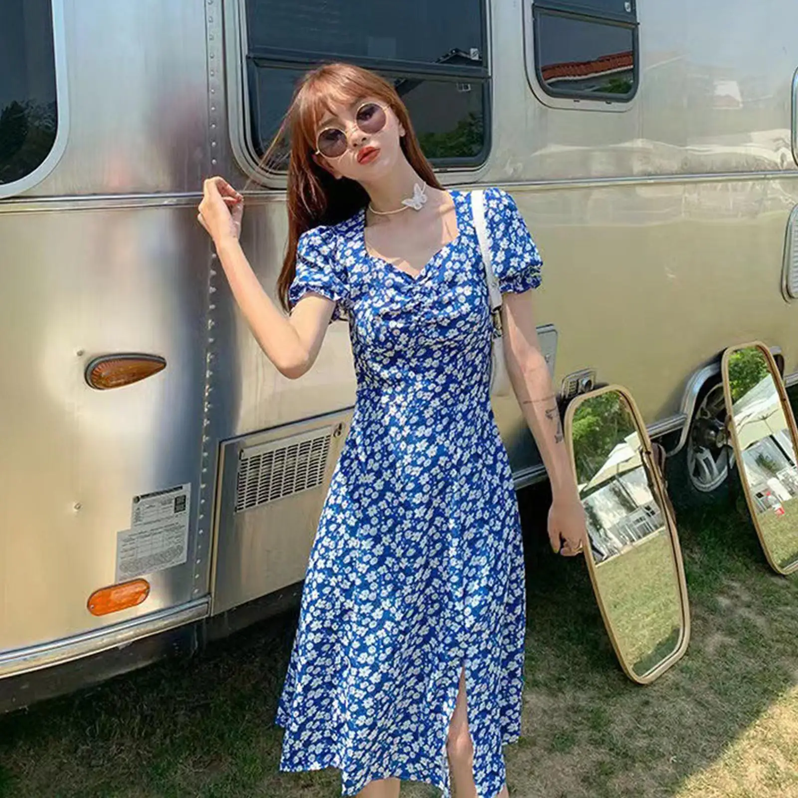 

Side Slit Floral Floral Dress Vintage Puff Sleeve Summer Long Dress Women Ladies Boho Beach Holiday Dress Blue Sundress