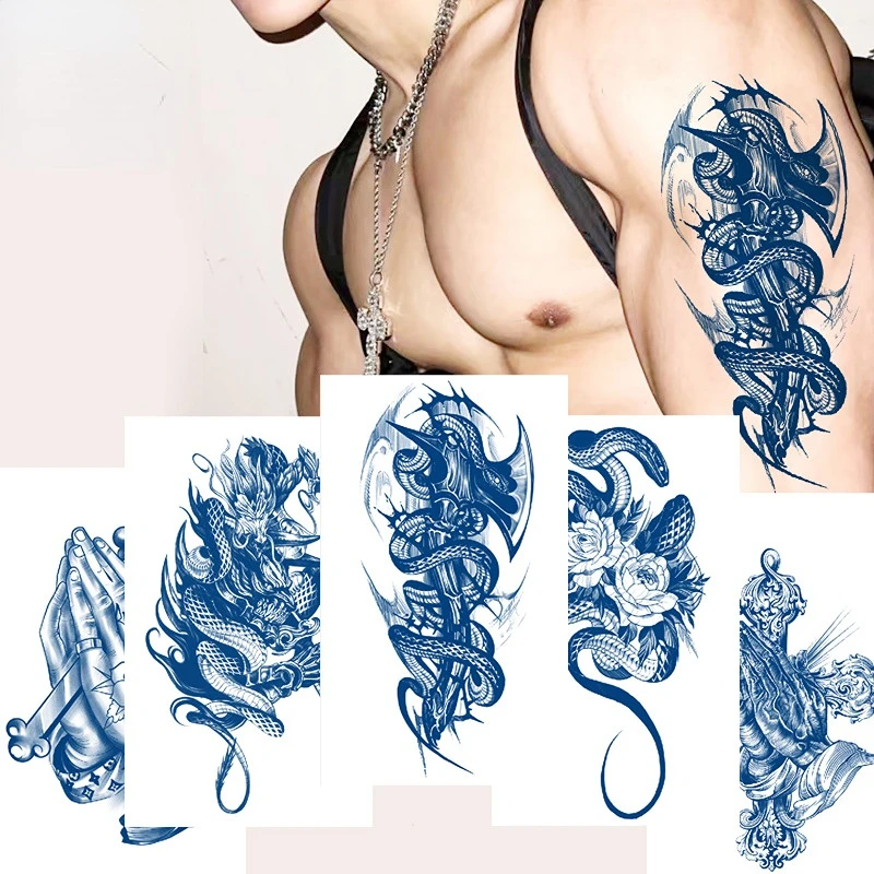 

Herbal Juice Temporary Tattoos Snake Dragon Cross Gun Semi-permanent Arm Body Art Waterproof Sticker Adult Kid Fake Tattoo Decal