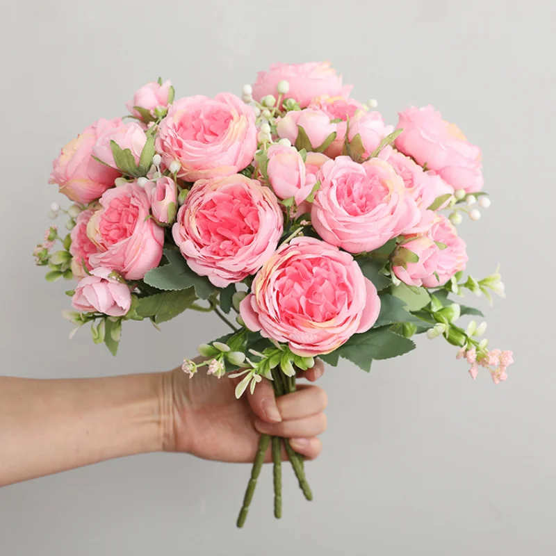 

Hot Selling 1pcs/30cm Rose Pink Silk Bouquet Peony Artificial Flower 5 Big Head 4 Small Bud Bride Wedding Home Decoration Artifi