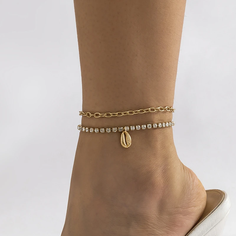 

Ailodo Bohemian Crystal Chain Shell Anklet For Women 2 Pcs/Set Gold Silver Color Summer Beach Anklets Fashion Jewelry Girls Gift