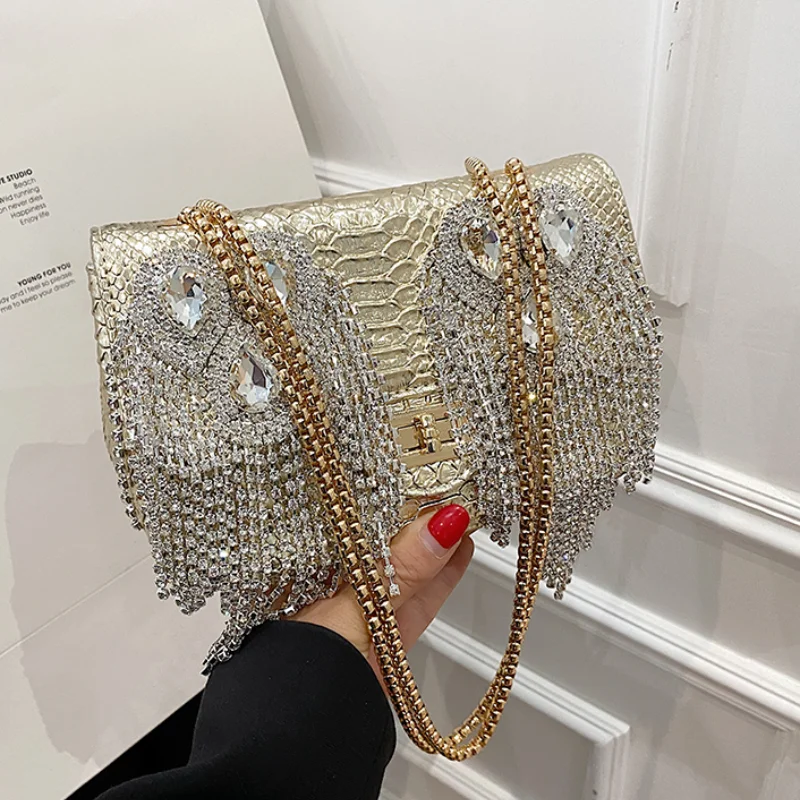 Fashion Diamond Handbags for Women 2023 New Tassel Square Evening Bag Female Leather Chain Luxury Sparkle Shoulder Bag Woman