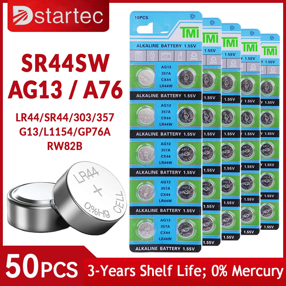 DStartec 50PCS AG13 LR44 A76 Button Cell Coin Alkaline Battery 1.55V SR44SW L1154 SP76 pila 357 303 for Watches Toys No Mercury