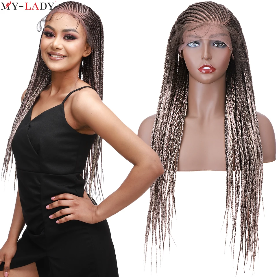 My-Lady Synthetic 29'' Cornrow Braids Lace Wigs Box Braided Lace Front Wig With Baby Hair Lace Frontal Afro Wig For Black Women