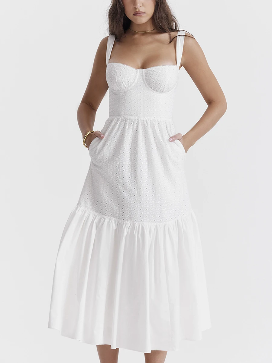 

Women Elegant Long Dress Low-cut Spaghetti Strap White Slip Dress Summer Beach Cocktail Party Sleeveless A-line Sundress