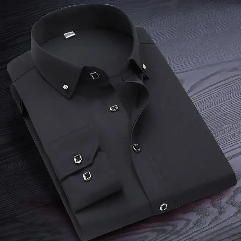 Korean Spring and Autumn Long Sleeve Shirt Men's Business Slim Fit Formal White Shirt Middle Aged and Youth Square Neck Top