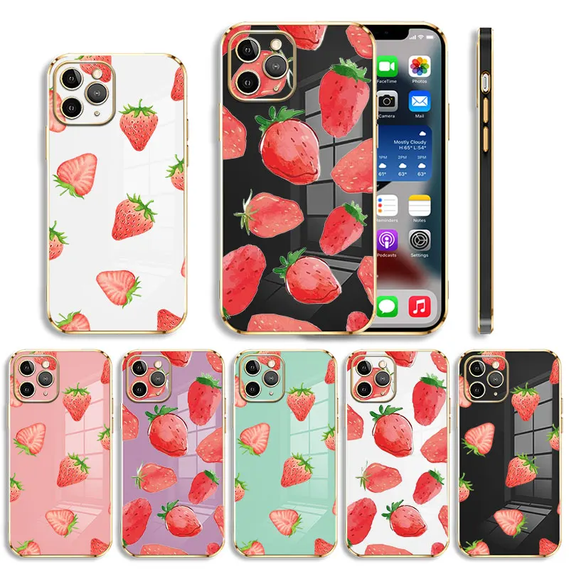 

Plating Phone Case For iPhone 14 13 12 11 Pro Max Mini X XR XS Max 7 8 6 6s Plus SE Shell Pink Red Strawberry Painting