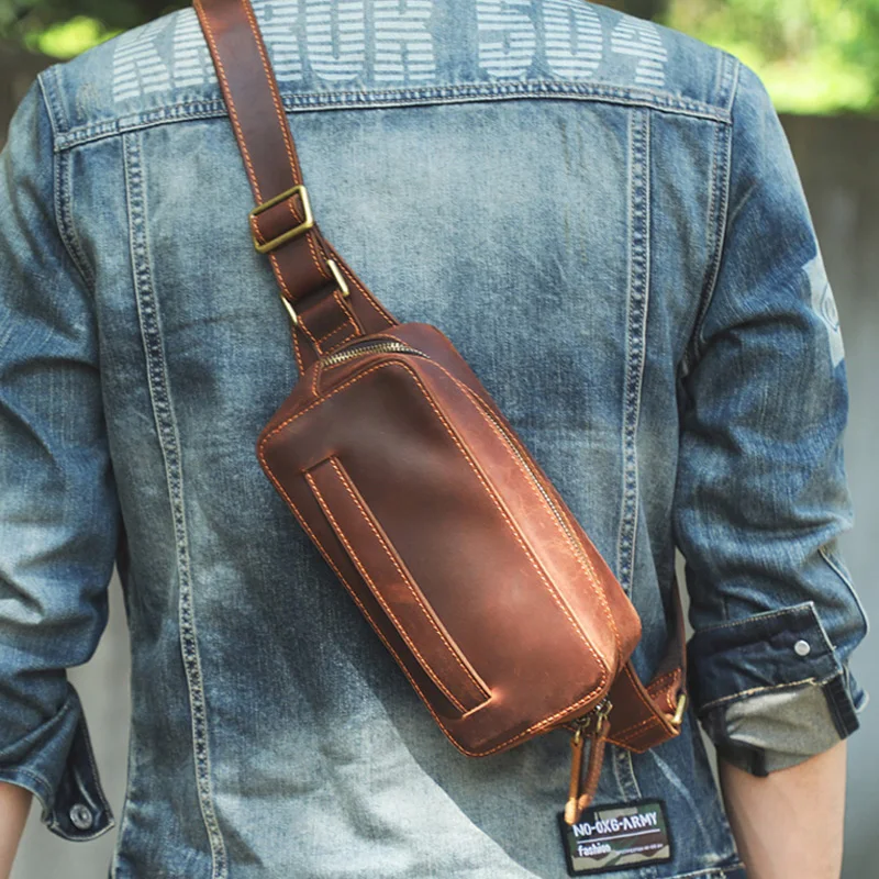 

AETOO Crazy horse leather breast bag vintage cowhide shoulder bag Handmade leather crossbody bag large capacity outdoor Fanny p