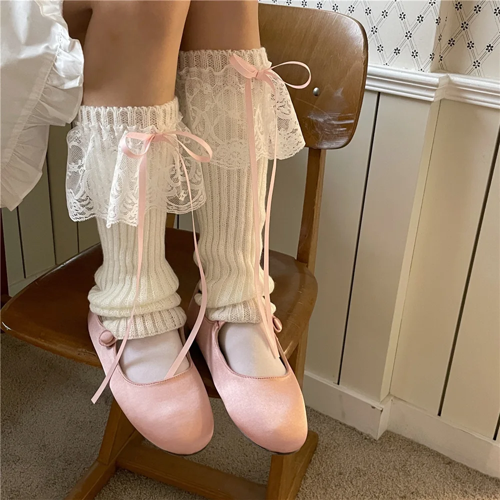 

Japanese Jk Lolita Girls Bow Streamer Leg Socks Knitted Lace Leg Cover Pile Socks Japanese Y2k Leg Warmers Accessories