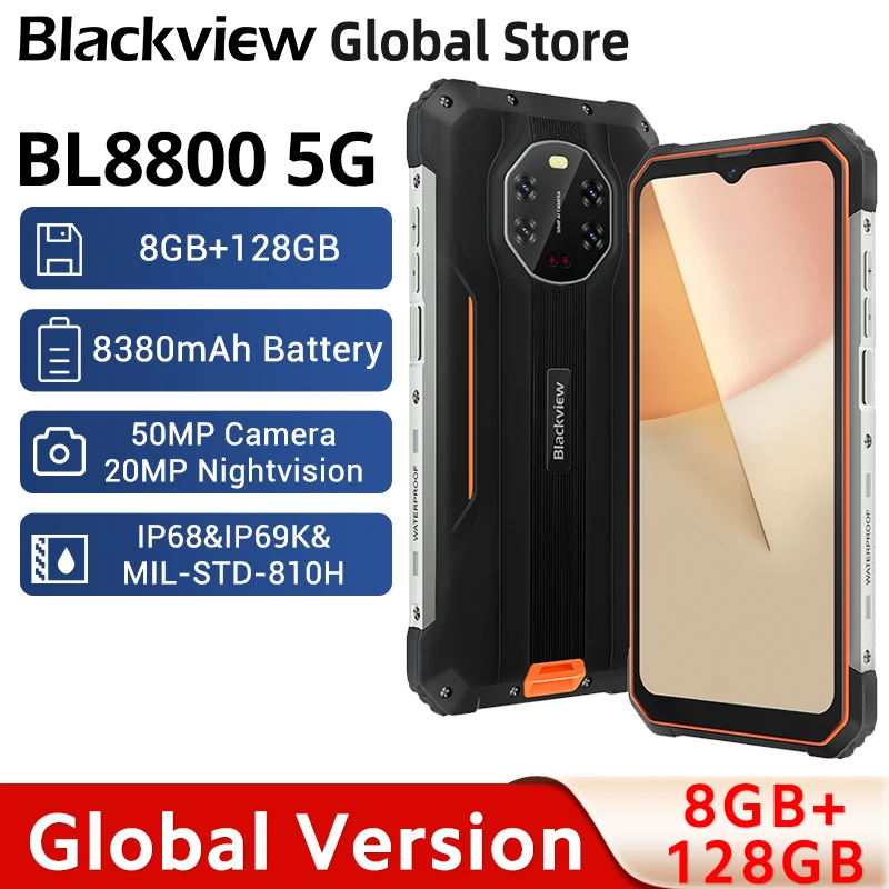 

Global Version Blackview BL8800 8GB 128GB Rugged Smartphone 6.58" Display 5G Phone 50 MP Camera Night Vision 8380 mAh Battery