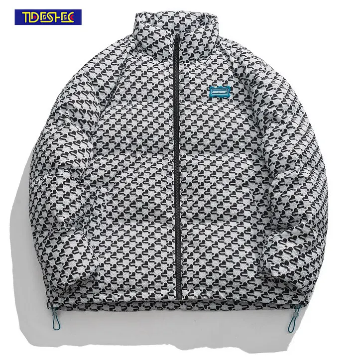 

Mens Fashion Loose Clothes Stand Collar Vintage Heart Print Jacket Warm Padded Parka Fashionable Parka Casual Outwear Jacket