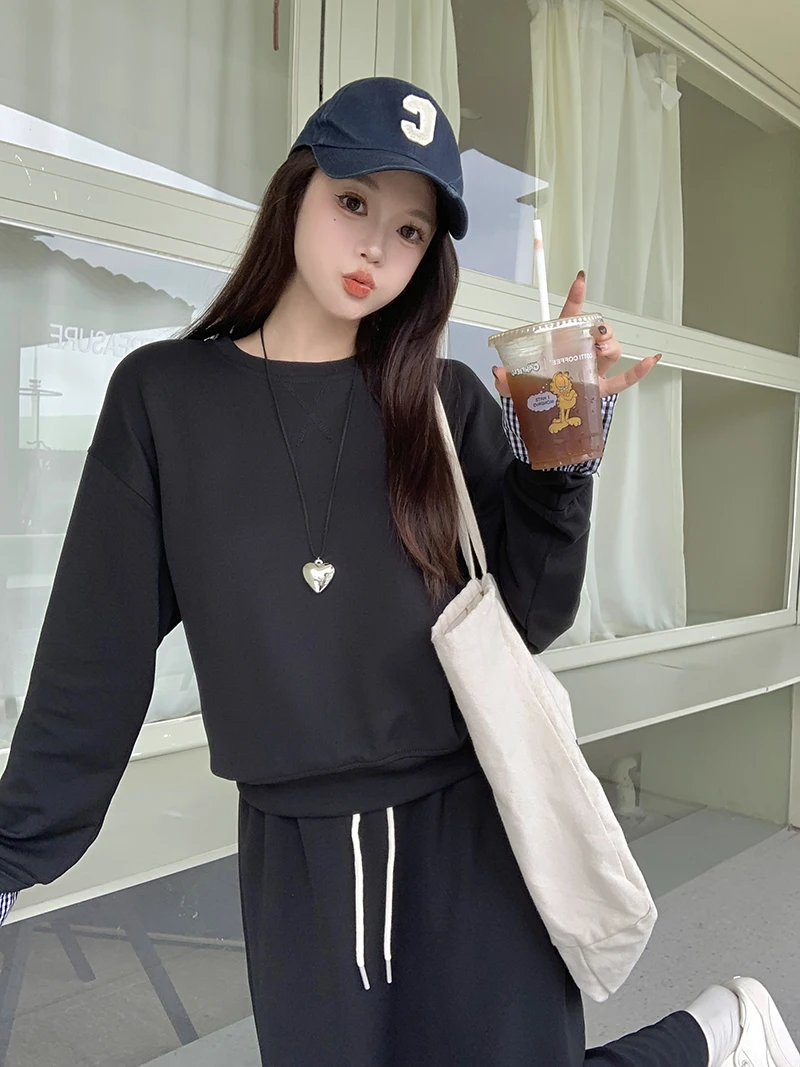 Женский осенне-зимний хлопковый комплект из двух предметов с круглым вырезом