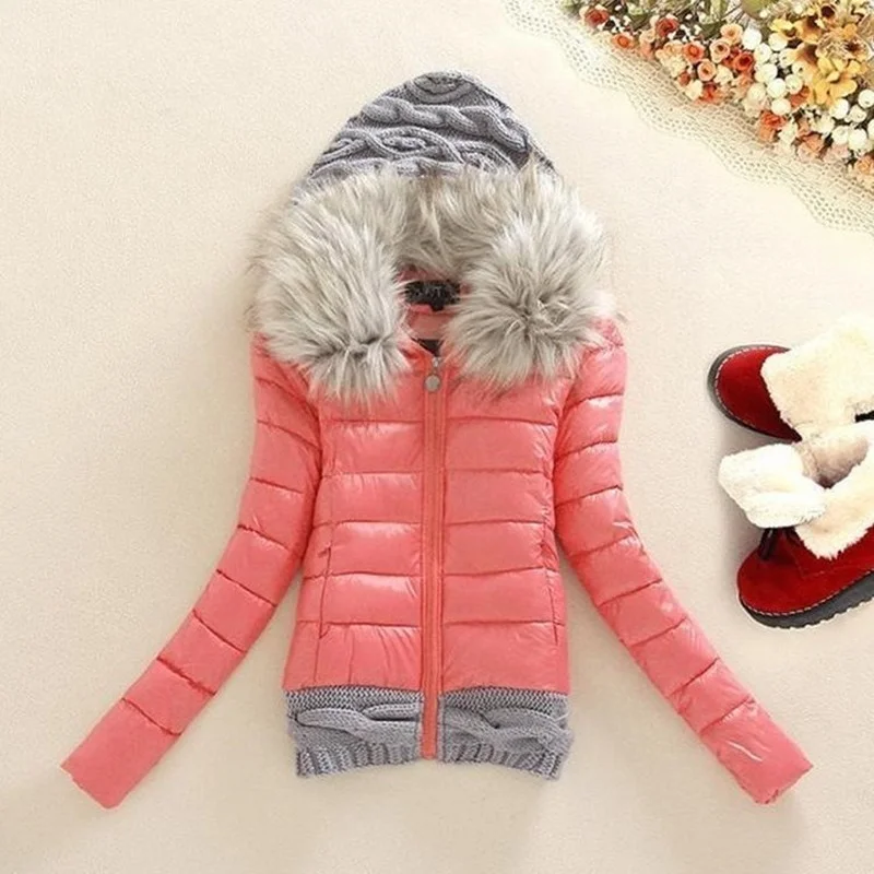Women Alternative Thickening Down Jacket with Fur Collar Quality Jackets Winter Knitted Patchwork Hooded Long Sleeve Overcoat