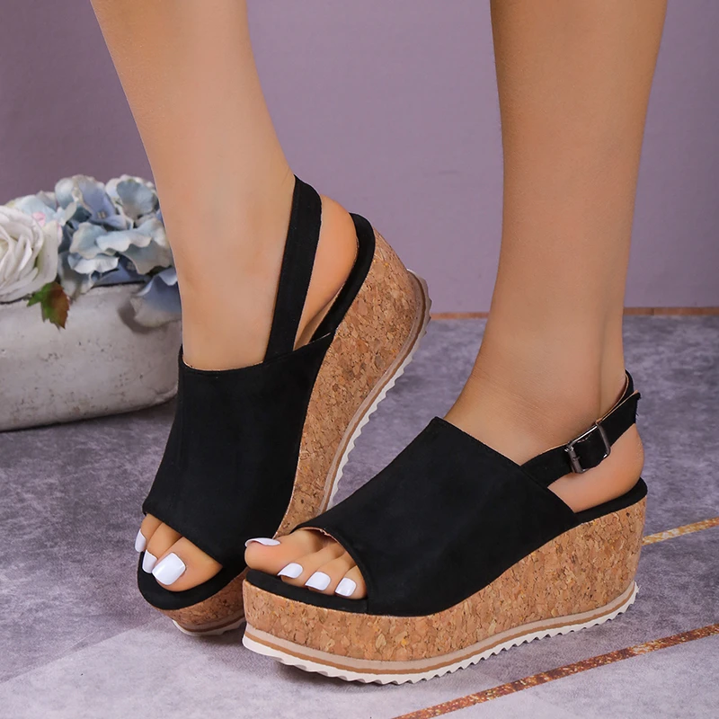 

Wedge Leopard Print Female Sandals Summer Thick Bottom Fish Mouth Women's Shoes Large Size Retro Buckle Ladies High Heels