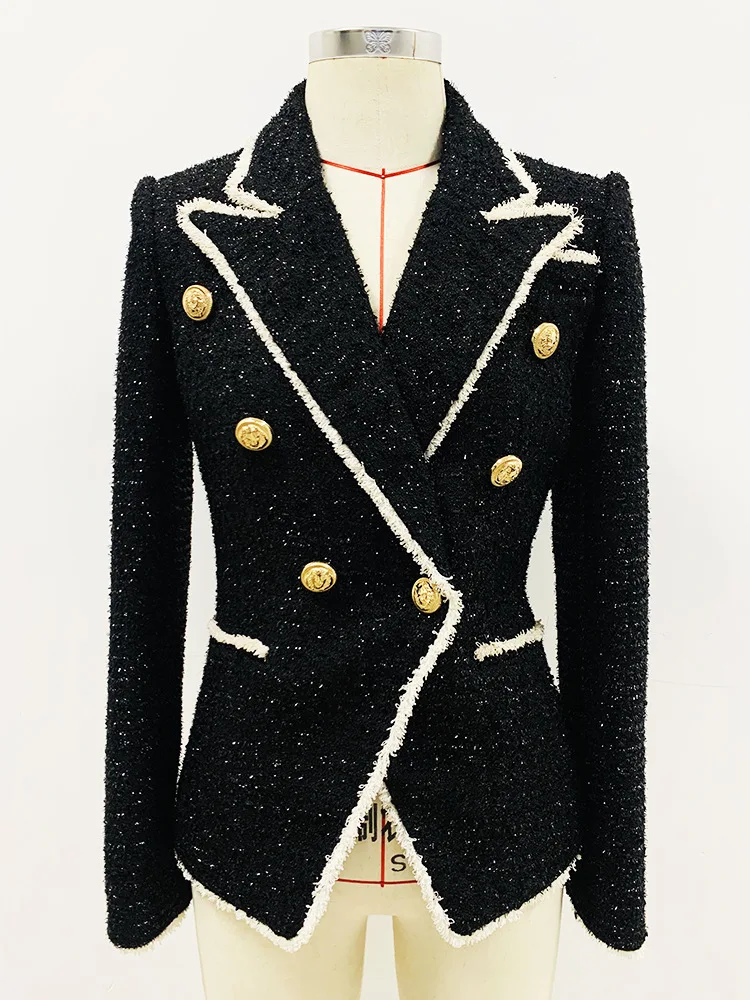 HIGH STREET Newest Fashion 2022 Designer Jacket Women's Slim Fitting Lion Buttons Contrast Color Fringed Tweed Blazer