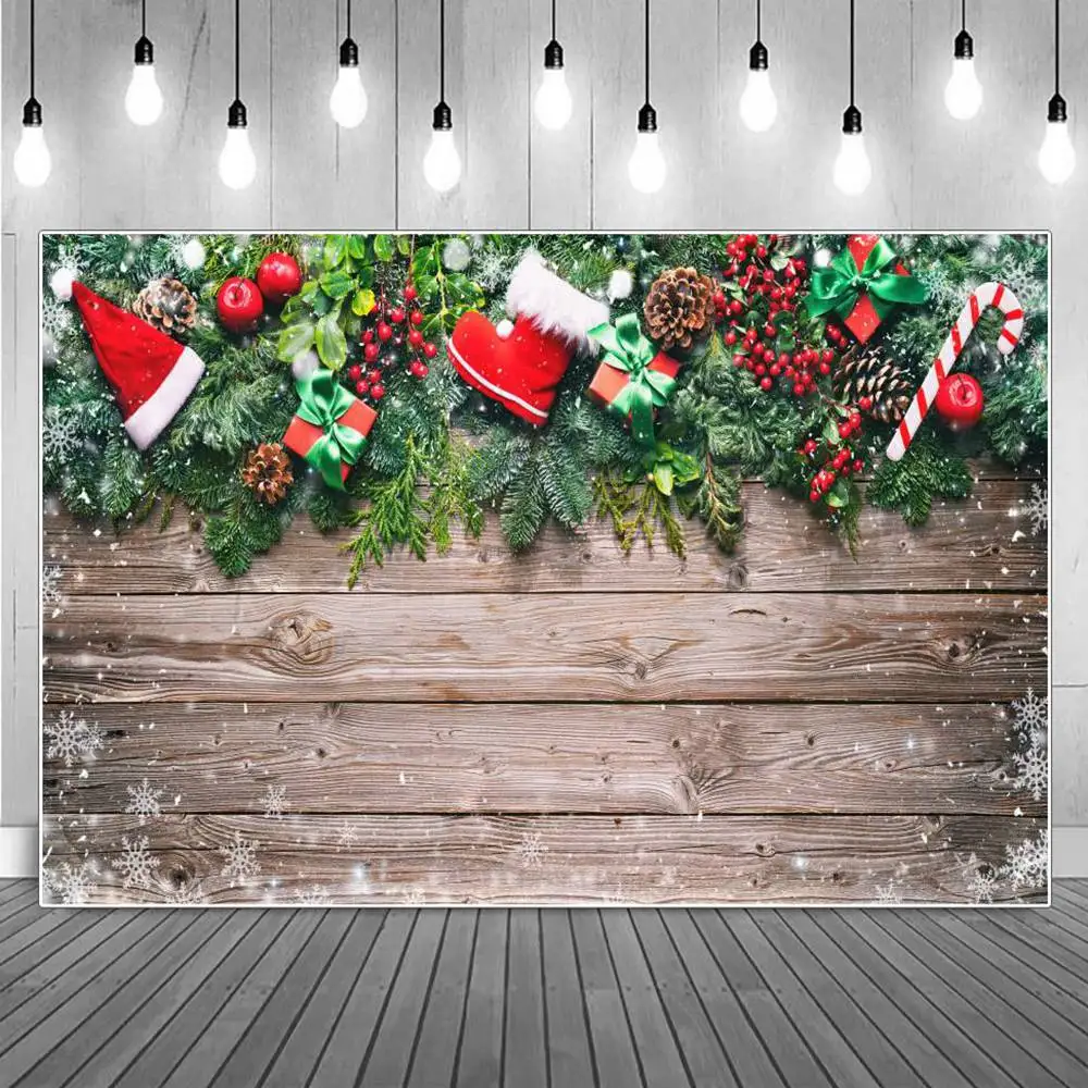 

Christmas Pine Cone Holly Leaves Snowflakes Wooden Planks Photography Backdrops Custom Baby Party Decoration Photo Backgrounds