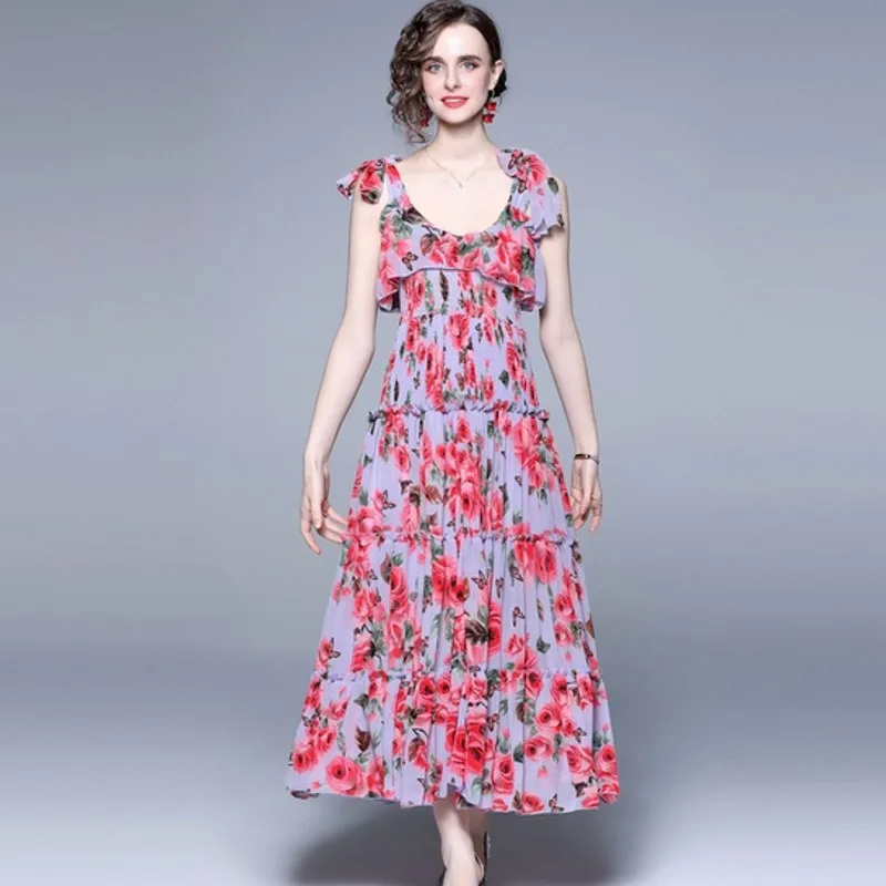 

2022 Summer Sleeveless Halter Long Dress Ladies Fashion Floral Printed Dress Casual Loose Bohemian Maxi Dress