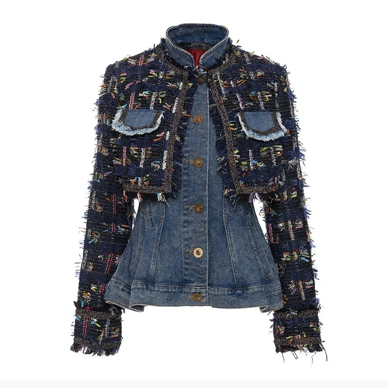 SaintDaisy Blue Jean Women Coats and Jacket XL Patchwork Spring Cardigan 2022 Denim Clothing Single Breasted Turtleneck Vintage