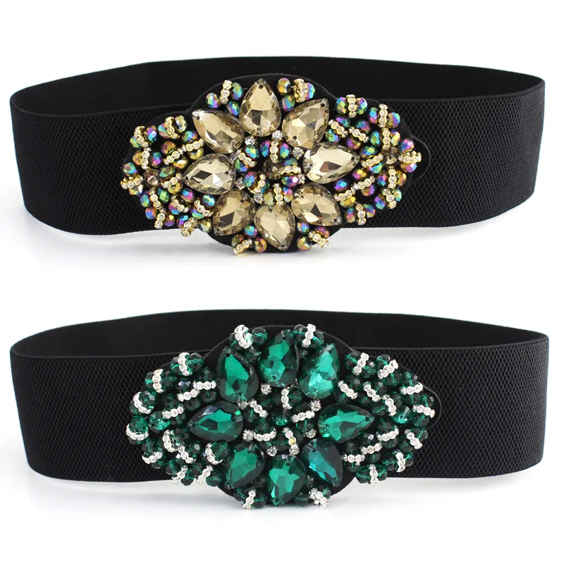 

Rhinestone Embellished Elastic Belt Women's Dress Decor Versatile Corset Elastic Waist Closure Snap Skirt Accessories Belts