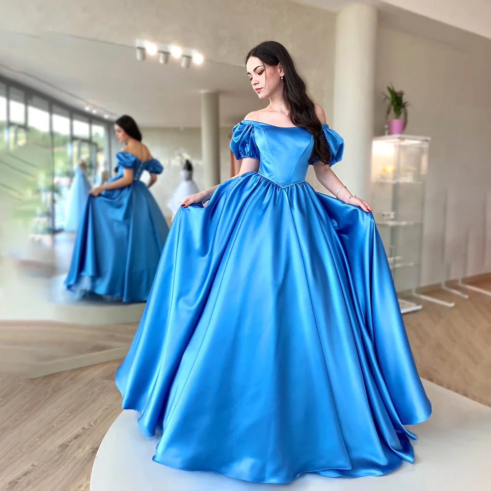 

Blue Off Shoulder Princess Prom Party Dresses Short Sleeve Solid Satin A Line Graduaiton Evening Dress Strapless Party Ball Gown