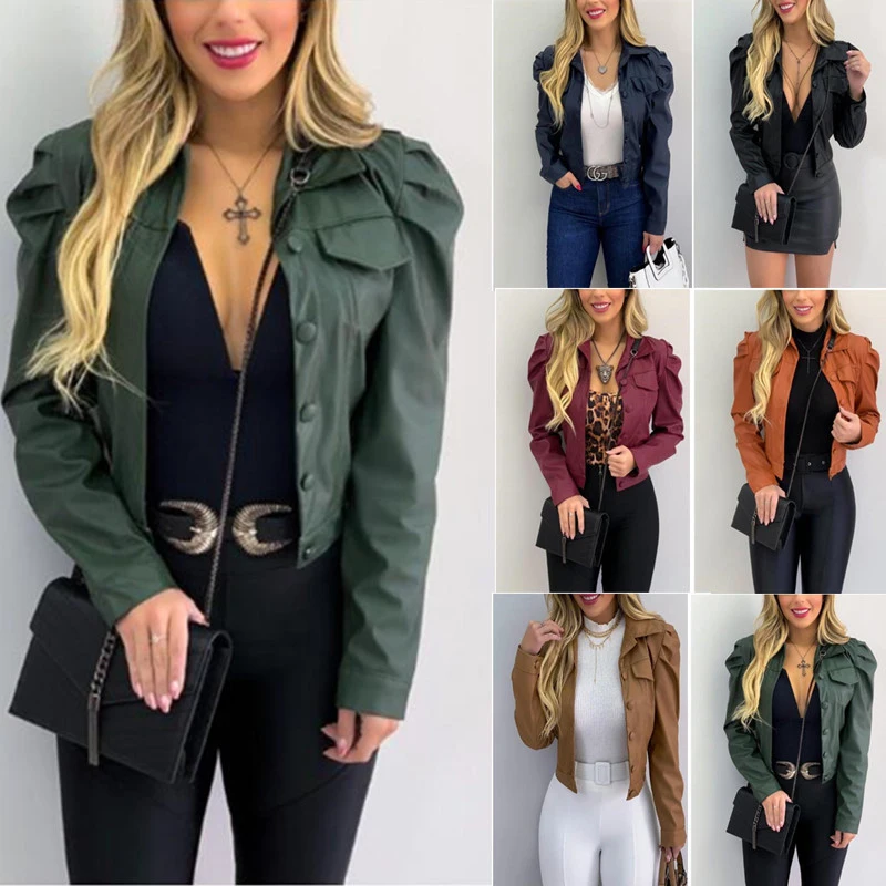 

Autumn New Women's PU Leather Women's Short Cardigan Jackets 2022 Causal Long Sleeve Turn Down Collar Woman Biker Outwear Coat
