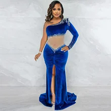 Wishyear – robe de soirée de luxe, tenue de fête d'anniversaire, Sexy, velours, maille, cristal, asymétrique, épaule dénudée, moulante, Maxi, 2022  (3)