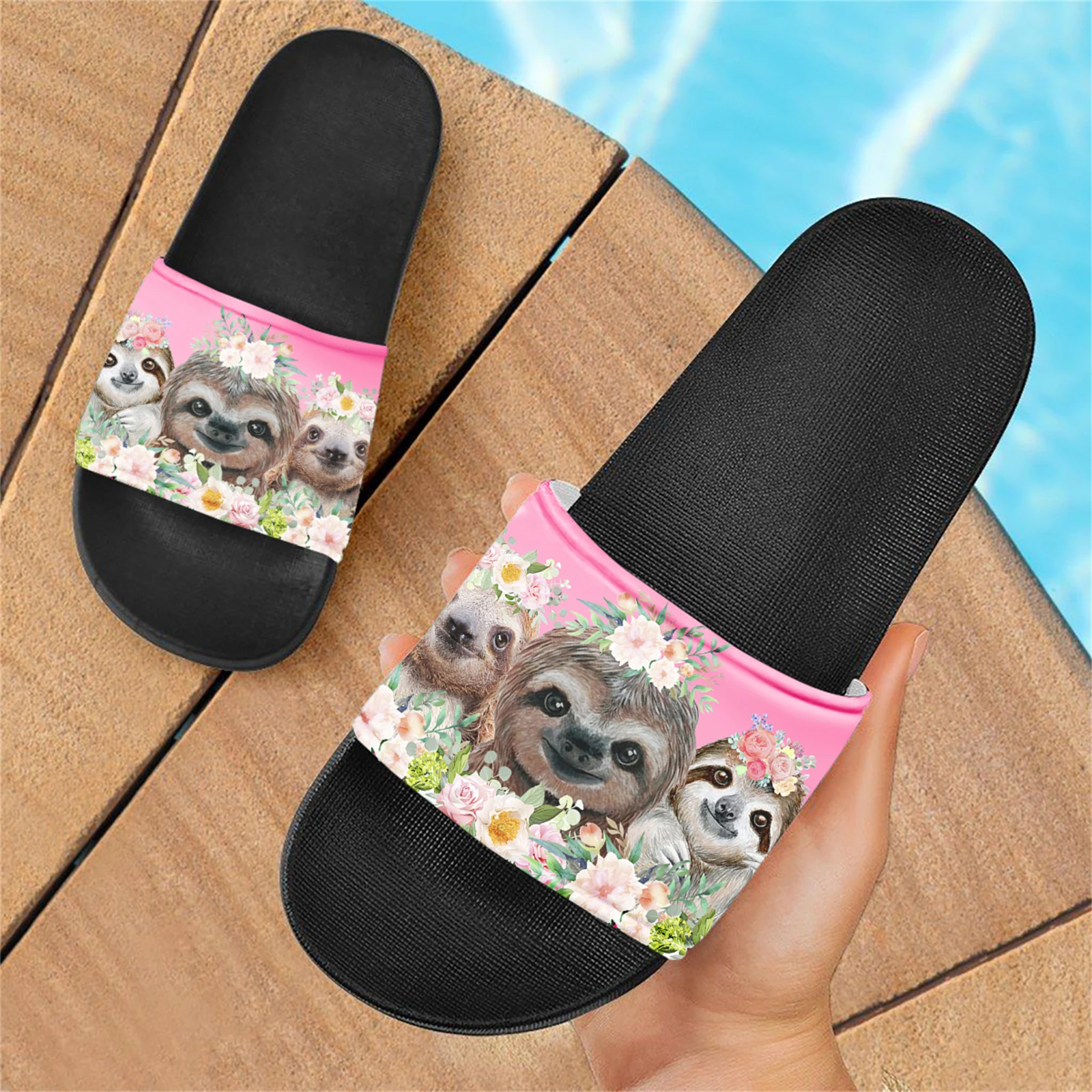 Sloth Floral Designer Casual Adult Slippers Breathable Lightweight Soft Sole Sandals Summer Non-Slip Beach Walking Flats Shoes