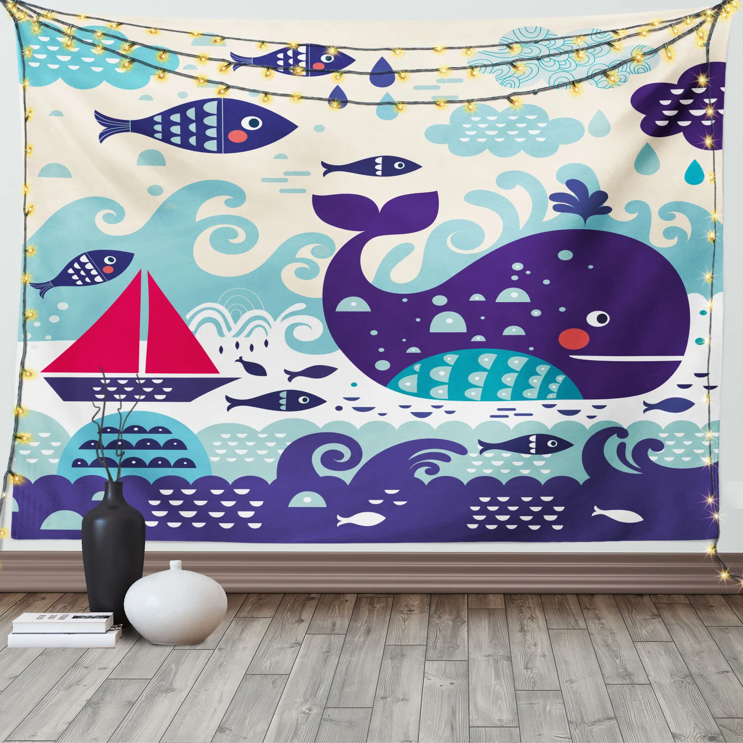Фиолетовый гобелен морской трафик с Китом парусник атласная ткань настенная