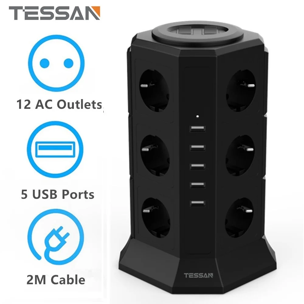 

TESSAN Vertical Power Strip Tower with 12 Outlets, 5 USB, EU Multiple Plug Extension Socket with Switch 2M Cable for Home Office
