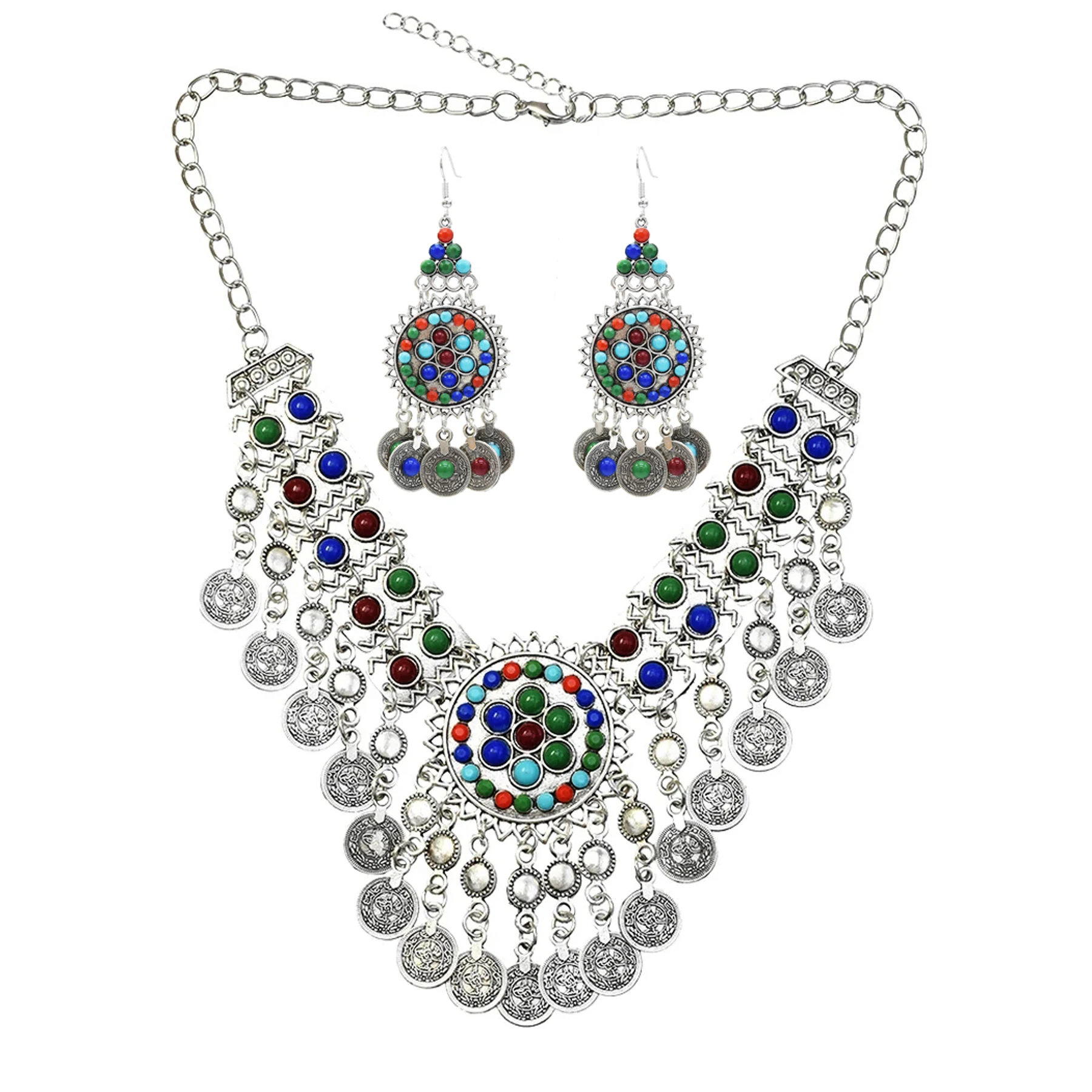 

Vintage Gypsy Coins Tassel Necklace Earrings for Women Boho Ethnic Tribe Colorful Acrylic Rhinestone Choker Collar Jewelry Sets