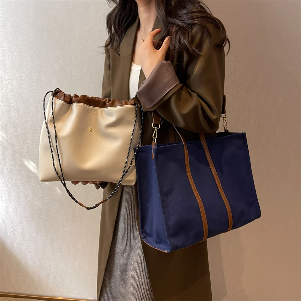 Women Drawstring Canvas Tote Bags Splicing Single Shoulder Bag Handbag Composite Bag Fashion Large Capacity