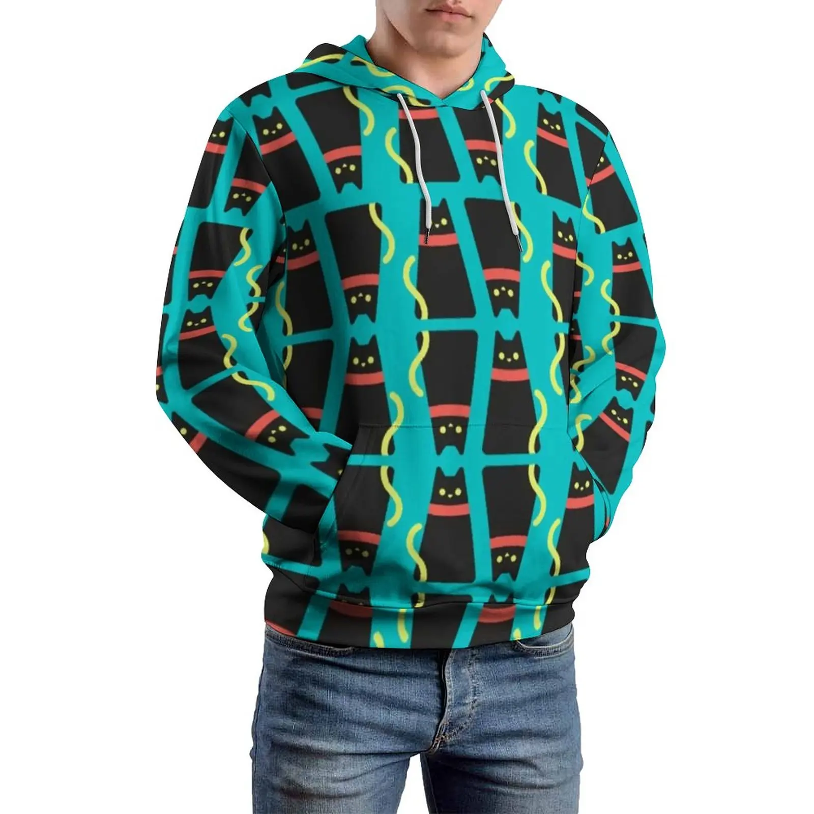 

Повседневная Толстовка Унисекс, свободные худи с рисунком черного кота и желтого хвоста, с длинным рукавом, с графическим принтом, 4XL 5XL 6XL