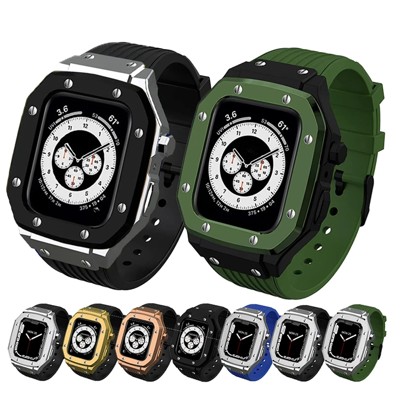 

Ремешок из нержавеющей стали для iWatch 45 мм 44 мм, аксессуары и резиновый силиконовый ремешок для Apple Watch серии 9, 6, 5, SE, 8, 7, Correa