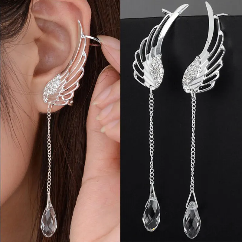 

Angel Wings Crystal Earrings Silver Plated Drop Dangle Ear Stud For Women Long Crystal Tassel Earring Bohemia Feather Ear Cuff