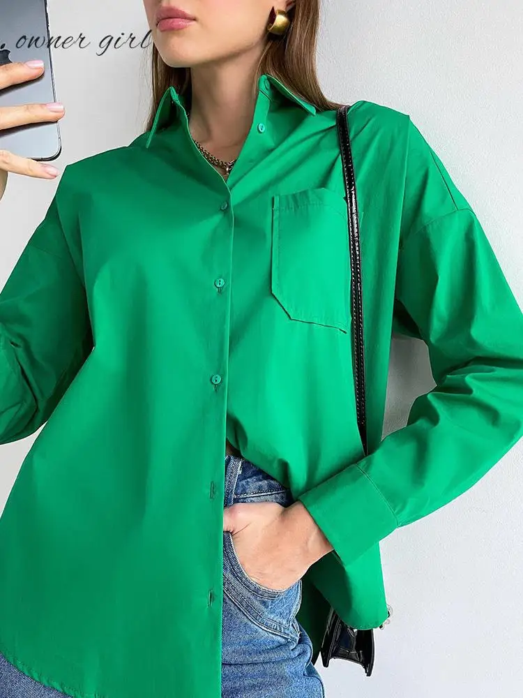 

Tops Summer Autumn Casual Lapel Long Sleeve Green Shirts For Women's Fashion Office Ladies Pocket Blouse