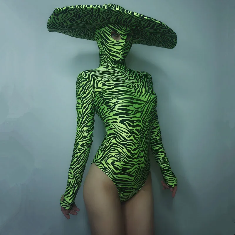 Сексуальный костюм Gogo женский зеленый черный боди в полоску зебры для ночного