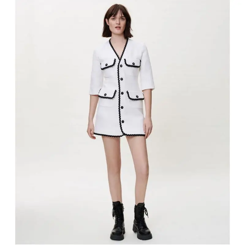

2022 Spring New Design Women‘s White Black Trim France Vintage Knitted Mini Dress