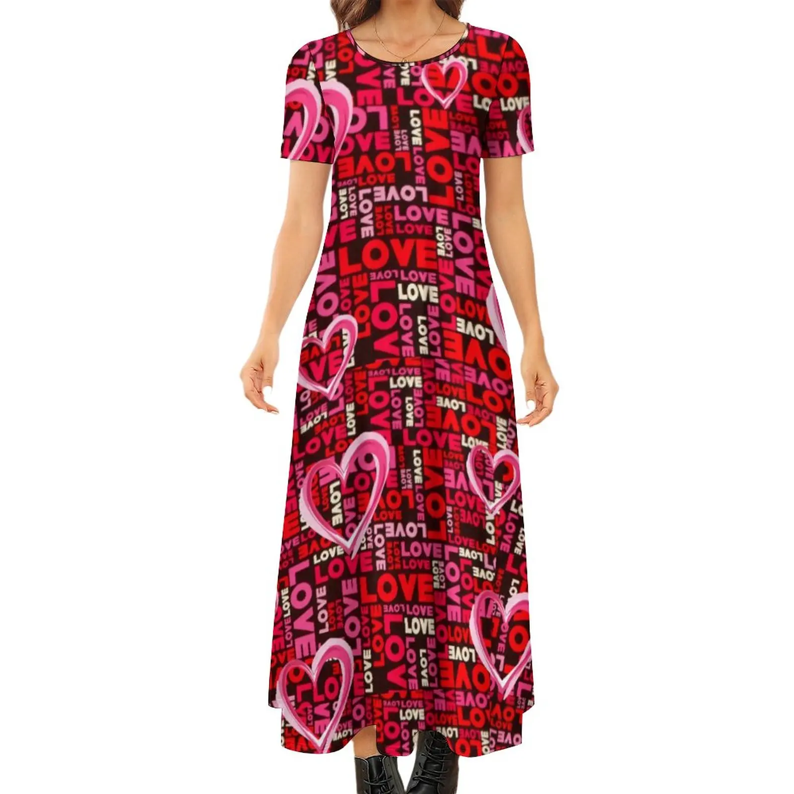

Red Heart Print Dress Cute Valentines Day Aesthetic Bohemia Long Dresses Female Retro Maxi Dress Gift