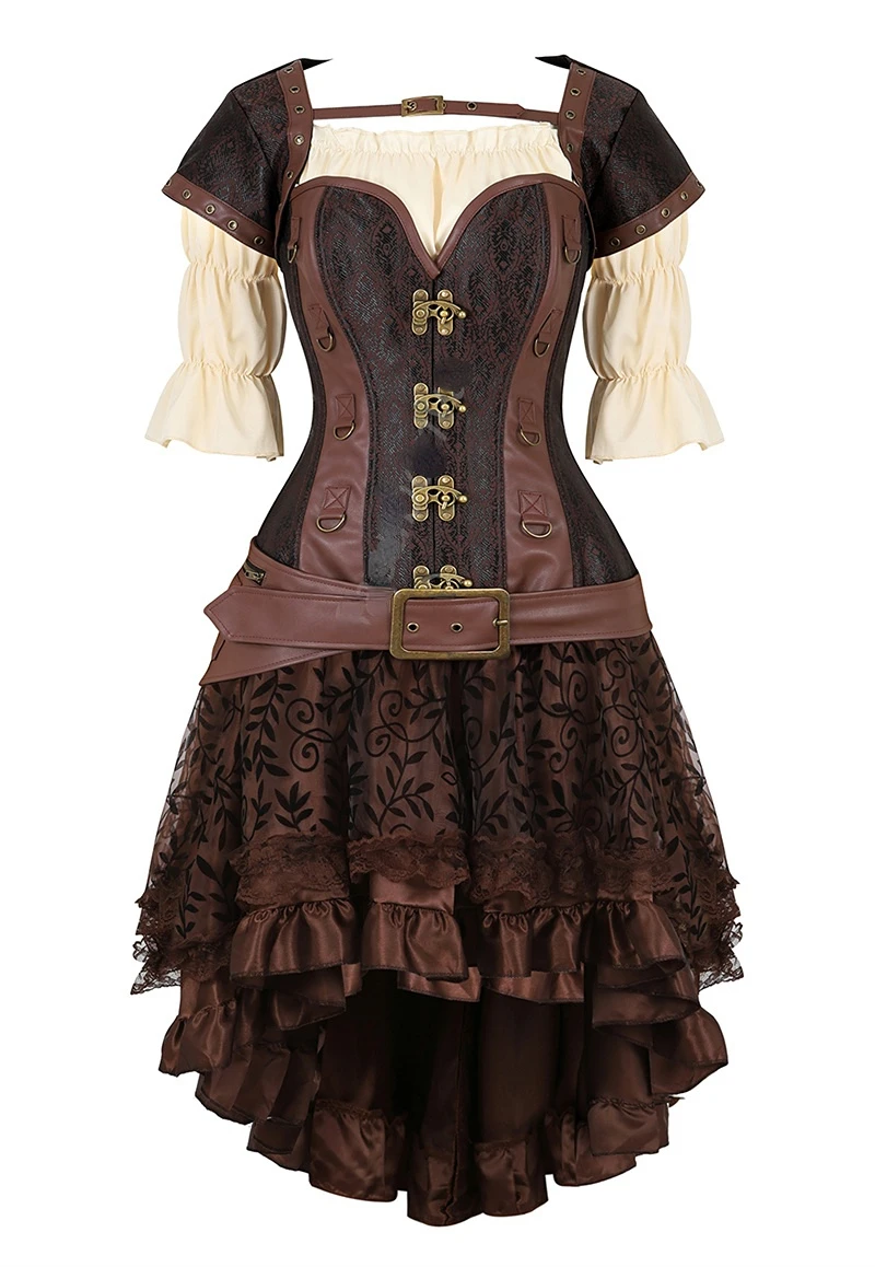 Plus Size S-6XL Steampunk Corset Dress Women 3Pcs Skirt Set Bustier Top Sexy Vintage Gothic Punk Burlesque Pirate CostumeLeather