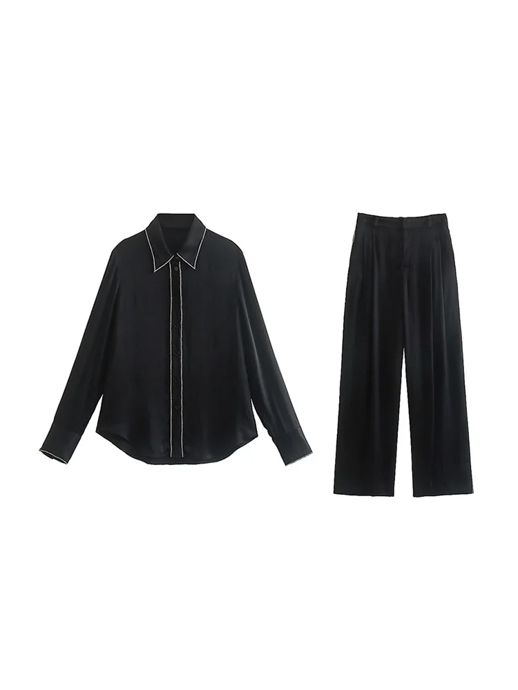 

Соответствующий комплект 2022 года, рубашка с длинным рукавом и брюки со средней талией, комплект для женщин, отделка стразами, элегантные вин...