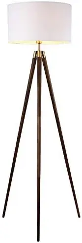 

Tripod Floor Lamp, Walnut Wood Legs with Antique Brass Finish and White Fabric Shade, Mid Century Contemporary Modern Style (LS-