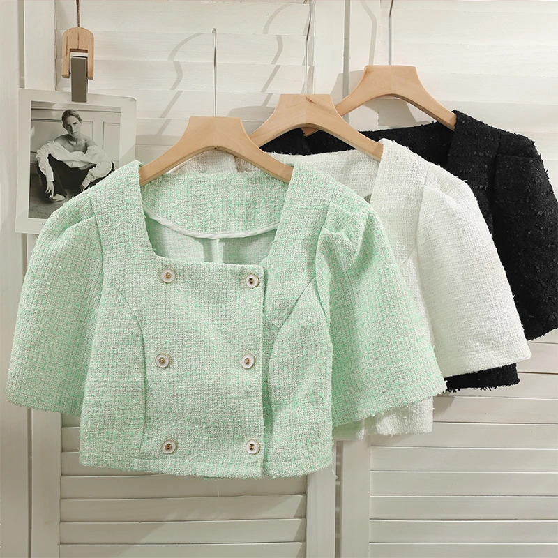 

Elegant Outwear Jackets For Women Square Collar Double Breasted Crop Tops Korean Fashion Coats Woman Jackets Dropshipping