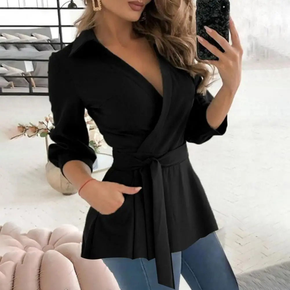 

Lightweight Women Blouse Geometric Print Office Lady Shirt Stylish V-neck Slim Fit Long Sleeve with Belt Pockets for Women
