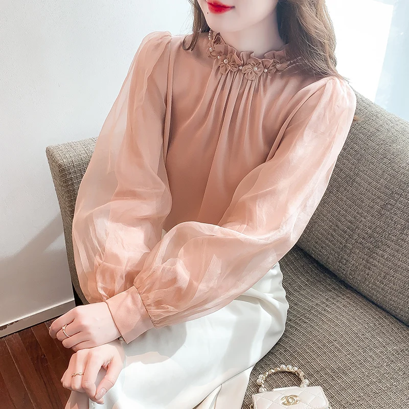

Solid Chiffon Women's Shirt Summer 2023 New Blouses Loose Long Sleeves Top O-neck Ladies Flower Casual Clothing YCMYUNYAN